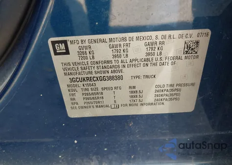 2016 Chevrolet Silverado 1500 1Lt from USA, damaged, VIN 3GCUKRECXGG388380